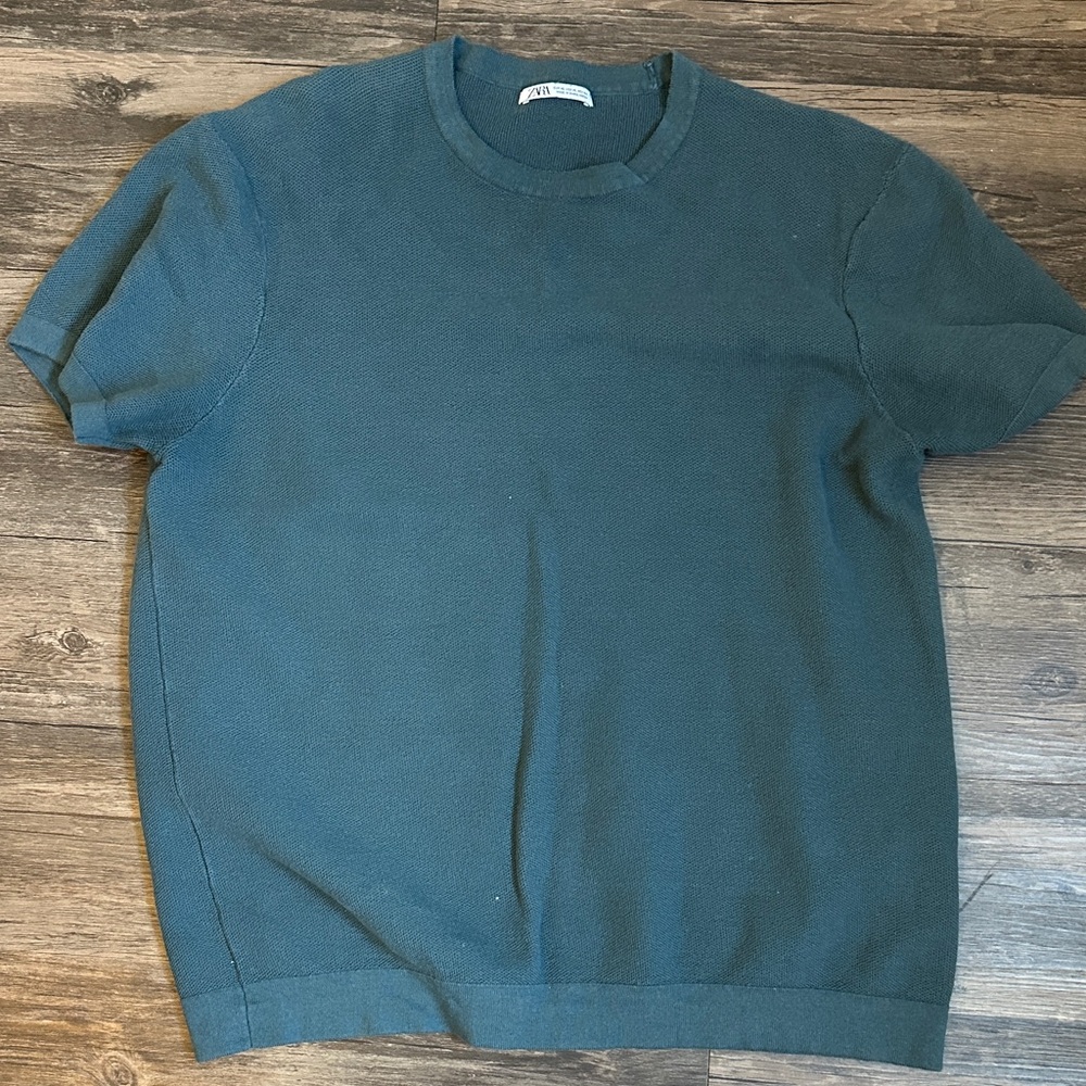 Zara Teal Knit Crew Neck Sweater